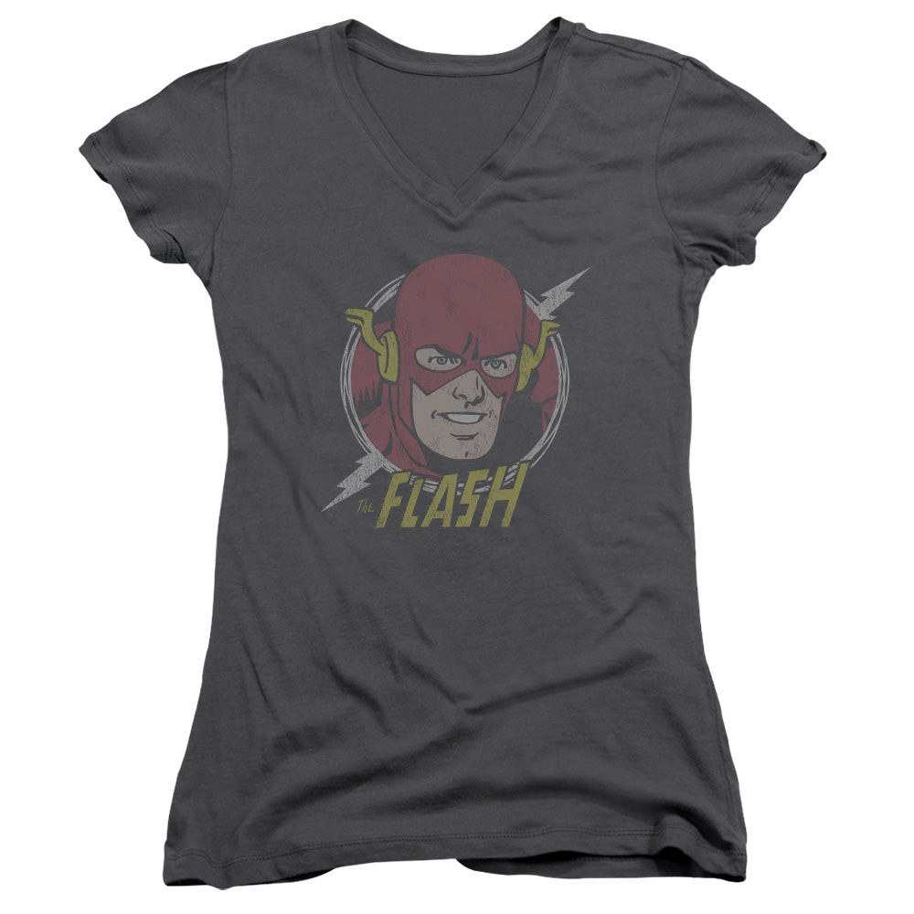 DC Comics Flash Vintage Voltage Junior Sheer Cap Sleeve V Neck Womens T Shirt Charcoal