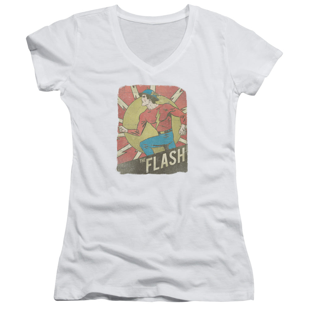 DC Comics Flash Tattered Poster Junior Sheer Cap Sleeve V Neck Womens T Shirt White