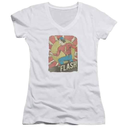 DC Comics Flash Tattered Poster Junior Sheer Cap Sleeve V Neck Womens T Shirt White