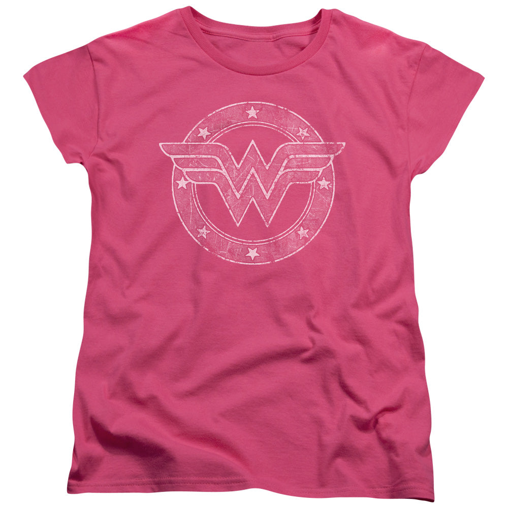 DC Comics Tattered Emblem Womens T Shirt Hot Pink