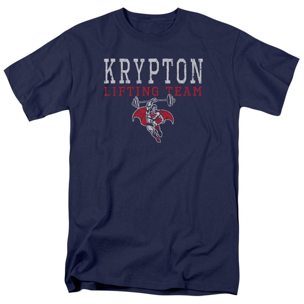 DC Comics Superman Krypton Lifting Team Mens T Shirt Navy Blue