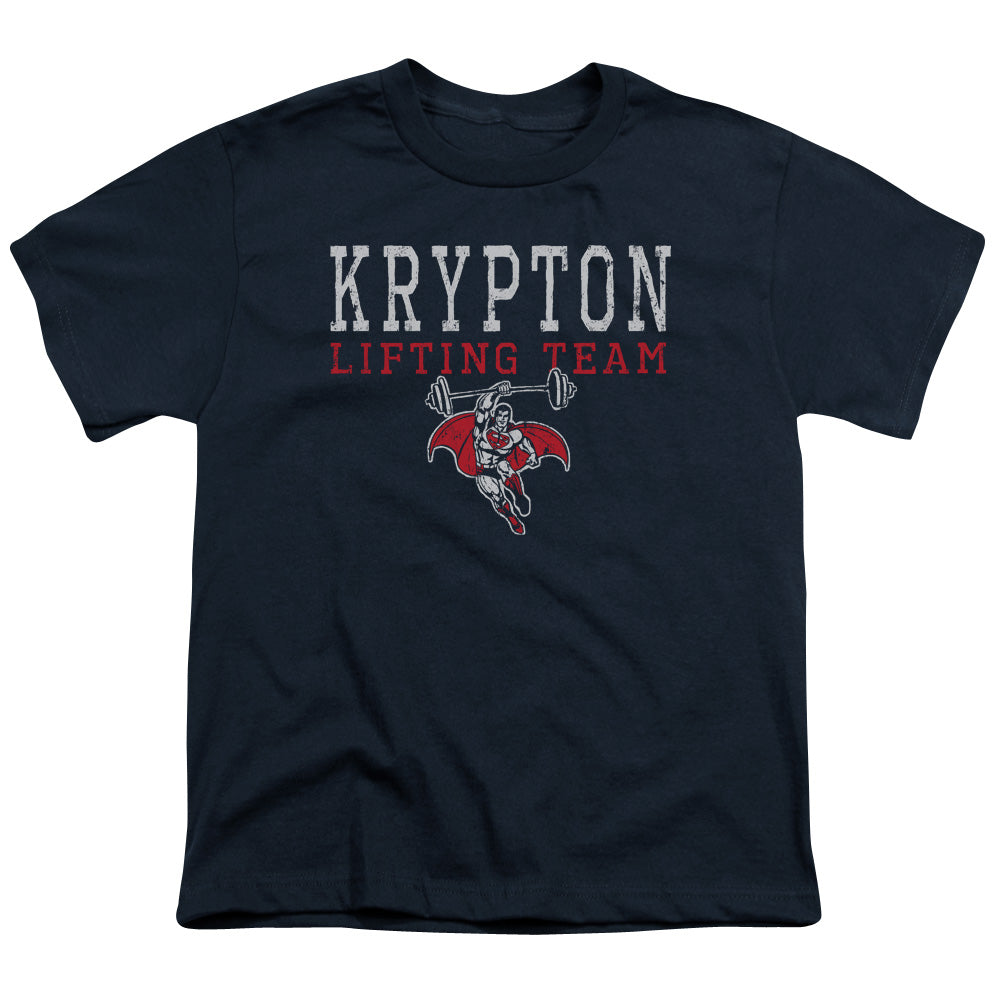 DC Comics Krpton Lifting Kids Youth T Shirt Navy Blue