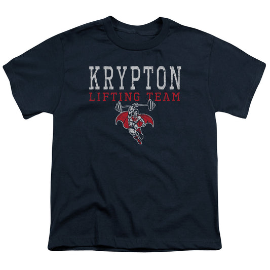 DC Comics Krpton Lifting Kids Youth T Shirt Navy Blue