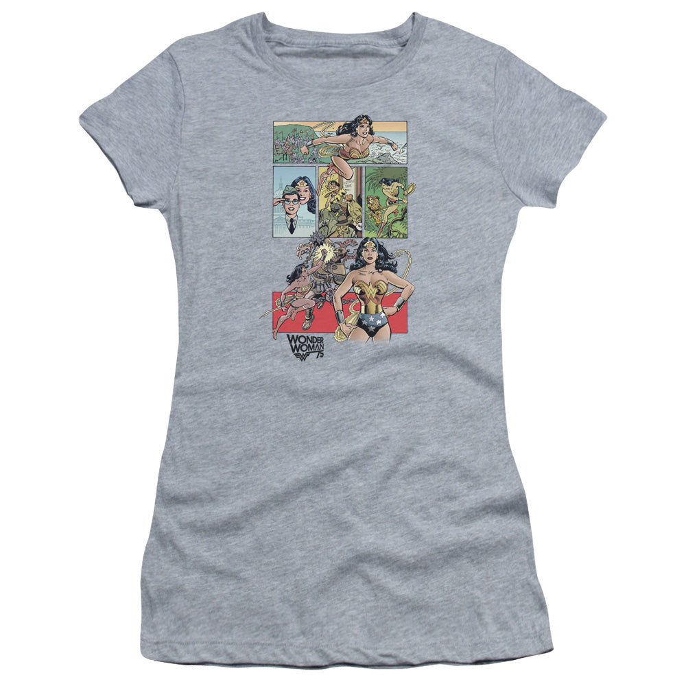 Wonder Woman WW75 Comic Page Junior Sheer Cap Sleeve Womens T Shirt Athletic Heather