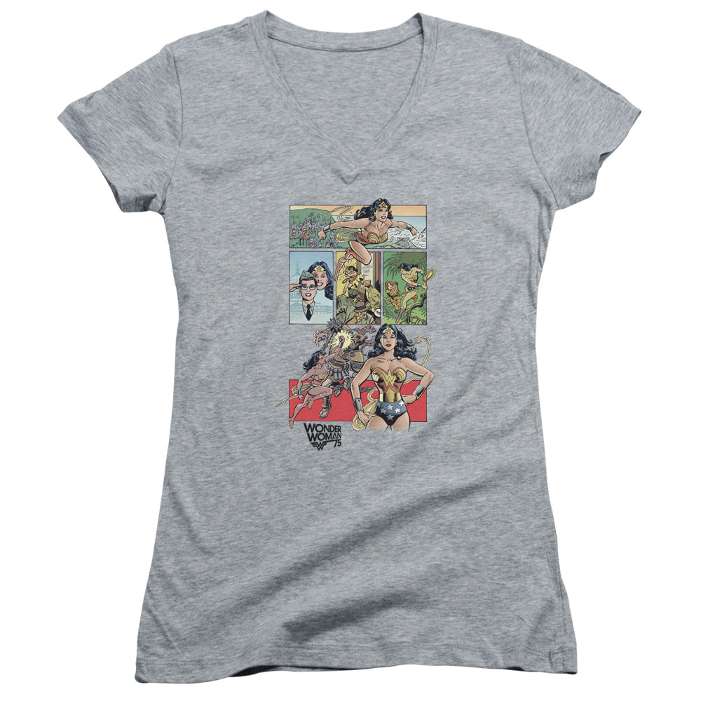 Wonder Woman WW75 Comic Page Junior Sheer Cap Sleeve V Neck Womens T Shirt Athletic Heather