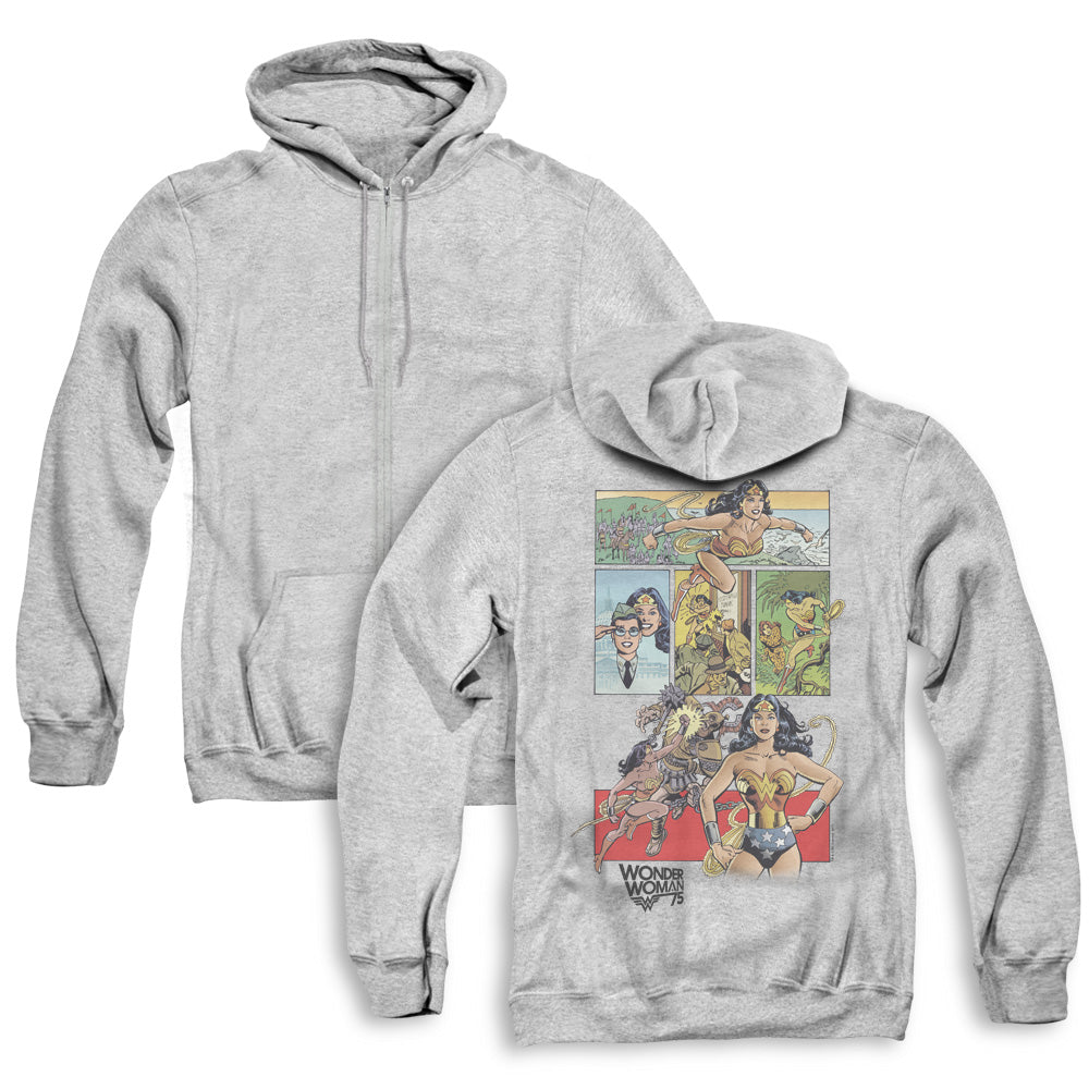 Wonder Woman WW75 Comic Page Back Print Zipper Mens Hoodie Athletic Heather