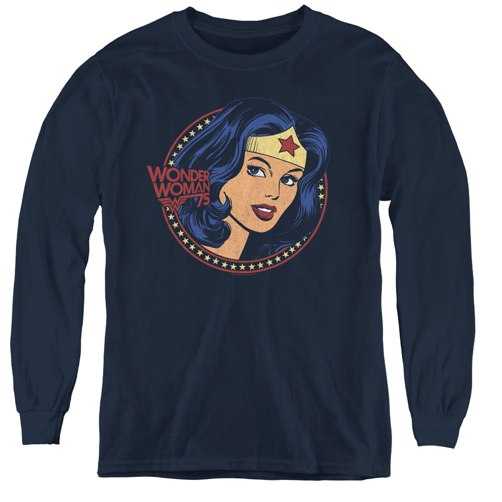DC Comics WW75 Starburst Portrait Long Sleeve Kids Youth T Shirt Navy Blue