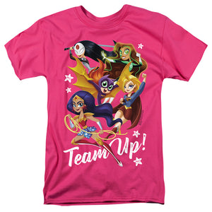 DC Superhero Girls Team Up Mens T Shirt Hot Pink