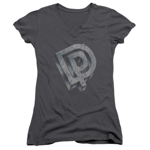 Deep Purple DP Logo Junior Sheer Cap Sleeve V-Neck Womens T Shirt Charcoal