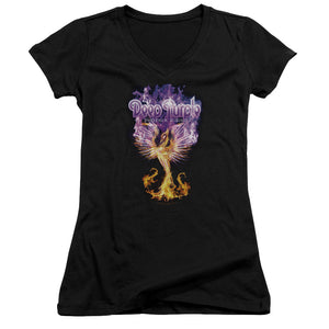 Deep Purple Phoenix Rising Junior Sheer Cap Sleeve V-Neck Womens T Shirt Black