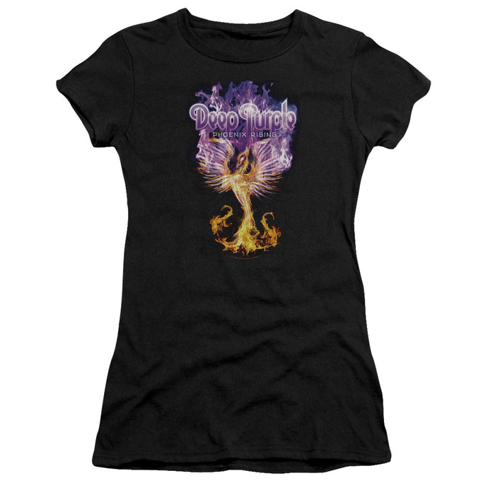 Deep Purple Phoenix Rising Junior Sheer Cap Sleeve Premium Bella Canvas Womens T Shirt Black