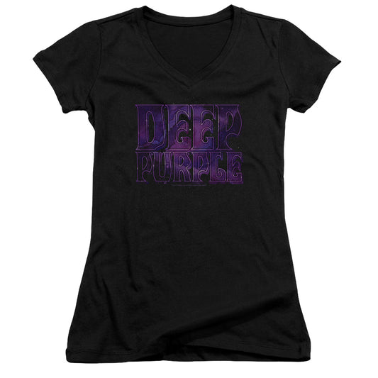 Deep Purple Spacey Junior Sheer Cap Sleeve V-Neck Womens T Shirt Black