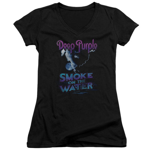 Deep Purple Smokey Water Junior Sheer Cap Sleeve V-Neck Womens T Shirt Black