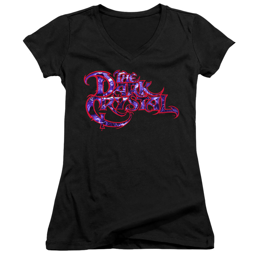 The Dark Crystal Collage Logo Junior Sheer Cap Sleeve V-Neck Womens T Shirt Black