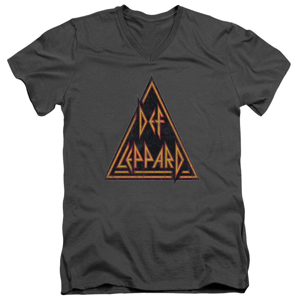 Def Leppard Distressed Logo Mens Slim Fit V-Neck T Shirt Charcoal