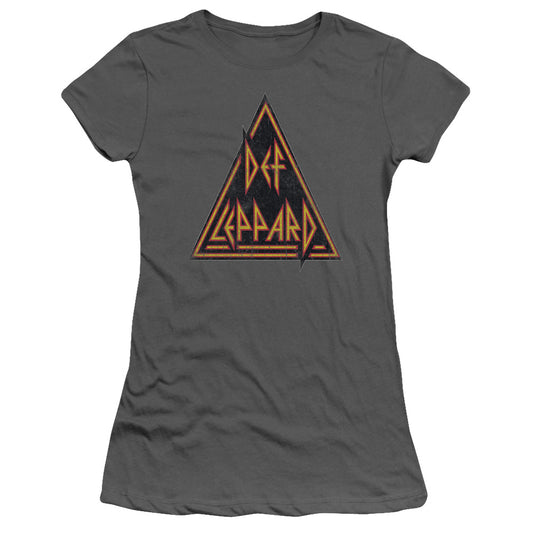 Def Leppard Distressed Logo Junior Sheer Cap Sleeve Womens T Shirt Charcoal