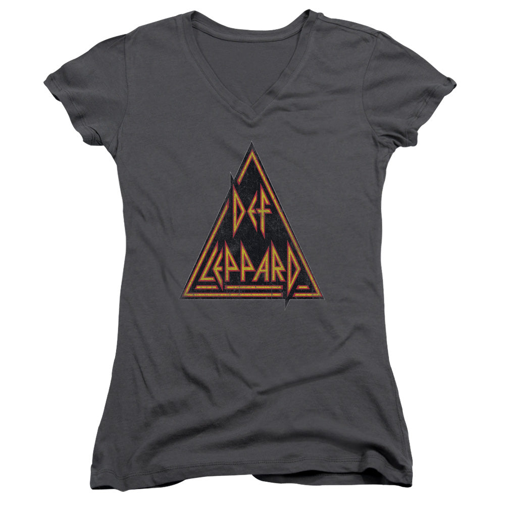 Def Leppard Distressed Logo Junior Sheer Cap Sleeve V-Neck Womens T Shirt Charcoal