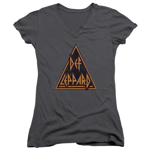 Def Leppard Distressed Logo Junior Sheer Cap Sleeve V-Neck Womens T Shirt Charcoal