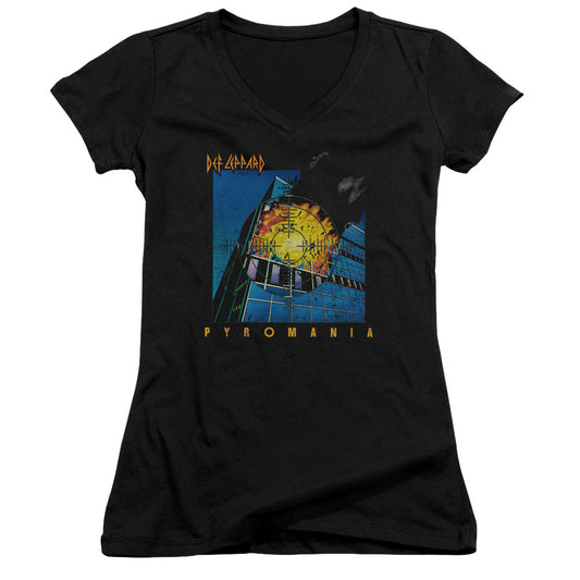 Def Leppard Pyromania Junior Sheer Cap Sleeve V-Neck Womens T Shirt Black