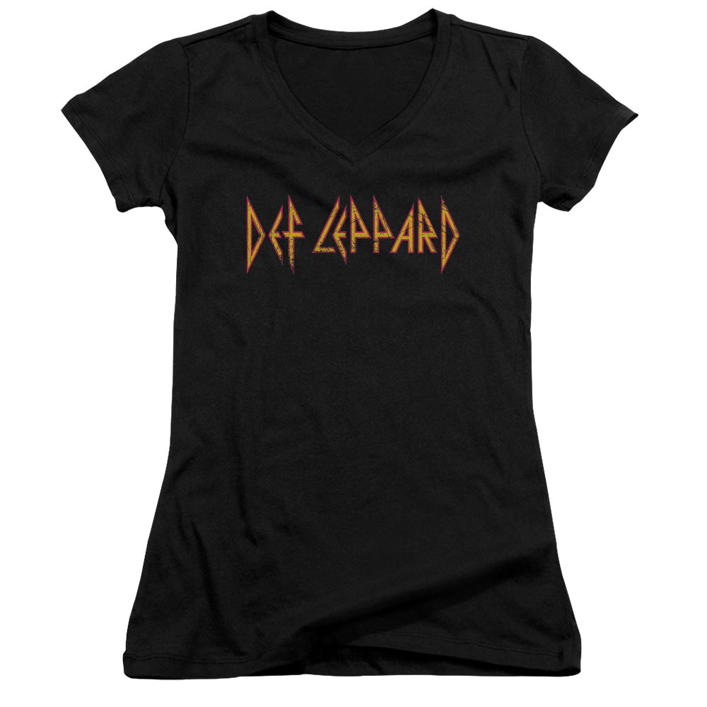 Def Leppard Horizontal Logo Junior Sheer Cap Sleeve V-Neck Womens T Shirt Black