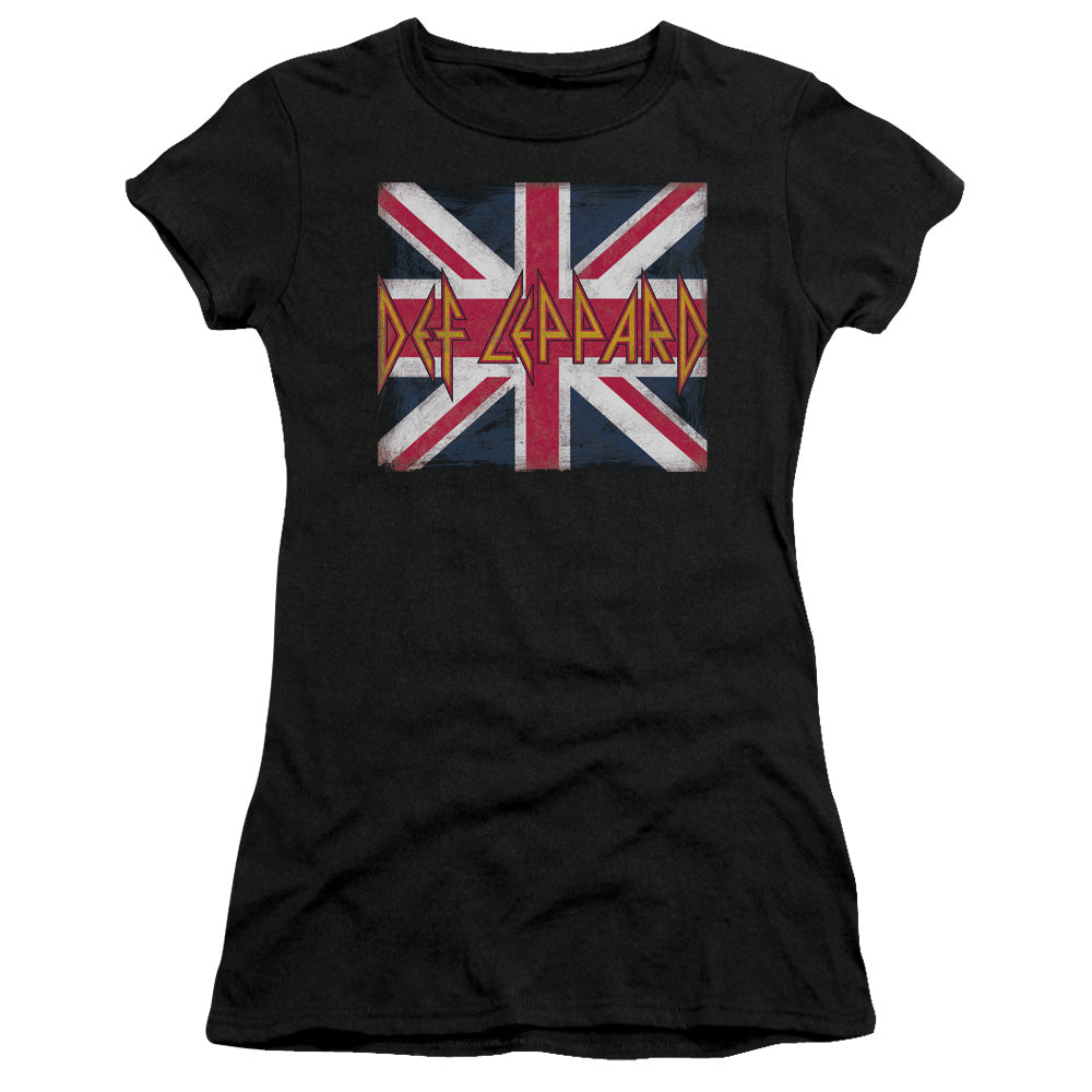 Def Leppard Union Jack Junior Sheer Cap Sleeve Womens T Shirt Black