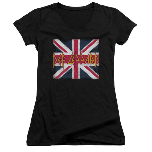 Def Leppard Union Jack Junior Sheer Cap Sleeve V-Neck Womens T Shirt Black