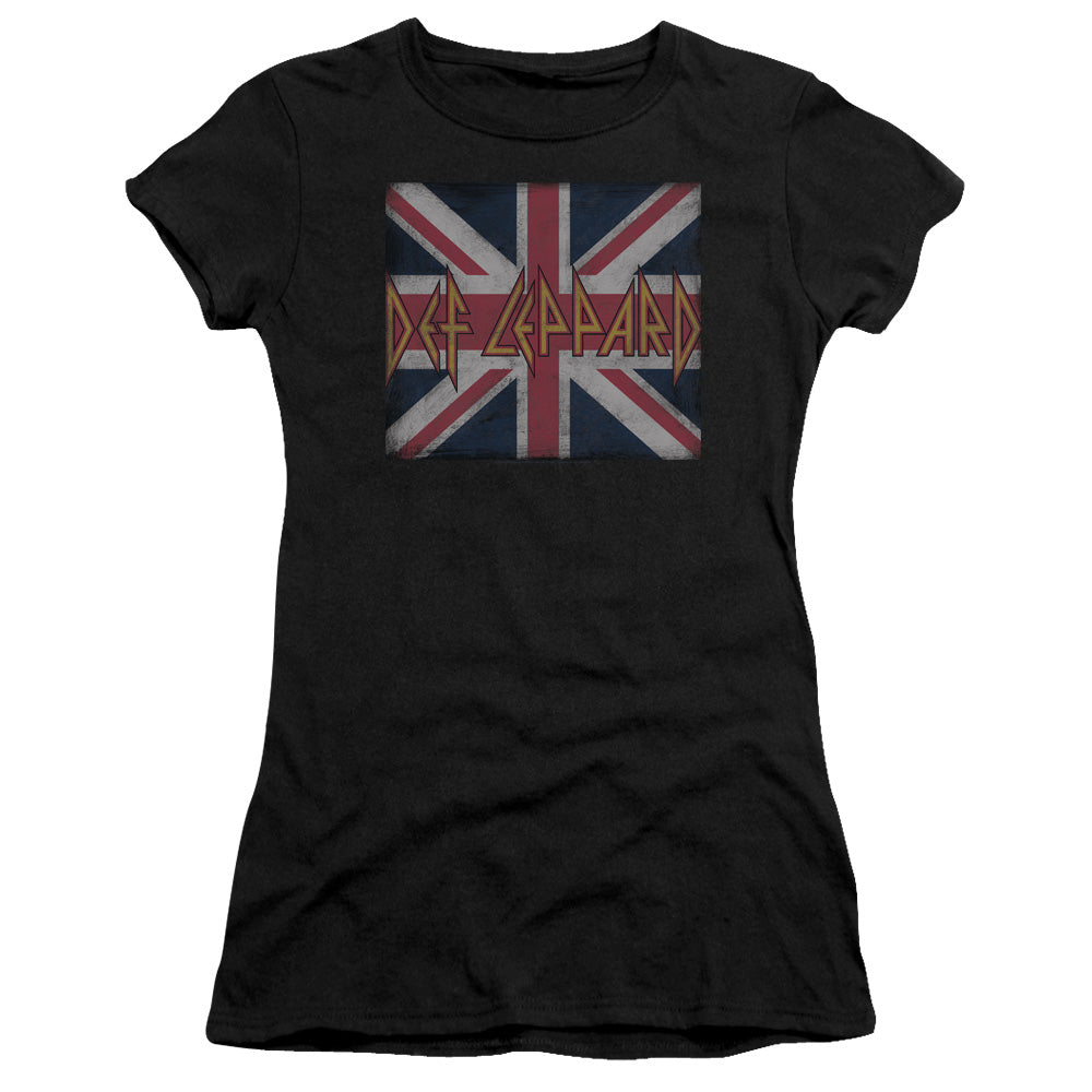 Def Leppard Union Jack Junior Sheer Cap Sleeve Premium Bella Canvas Womens T Shirt Black