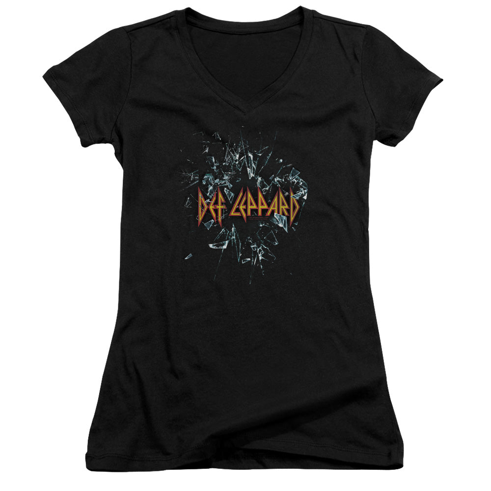 Def Leppard Broken Glass Junior Sheer Cap Sleeve V-Neck Womens T Shirt Black