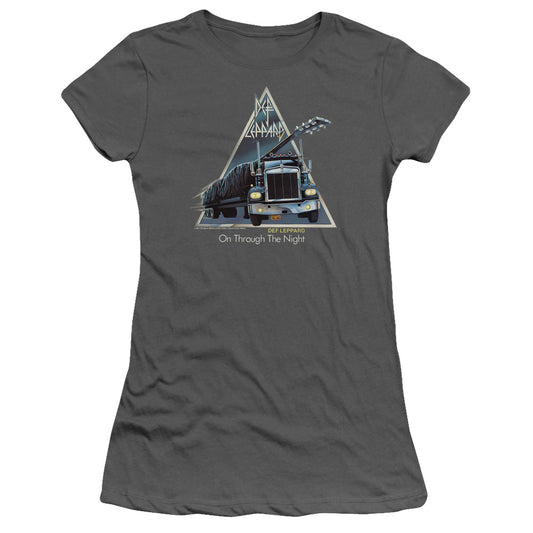 Def Leppard On Through The Night Junior Sheer Cap Sleeve Womens T Shirt Charcoal