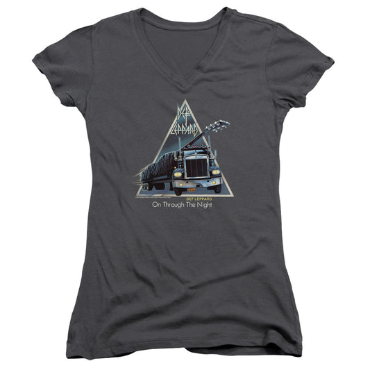 Def Leppard On Through The Night Junior Sheer Cap Sleeve V-Neck Womens T Shirt Charcoal