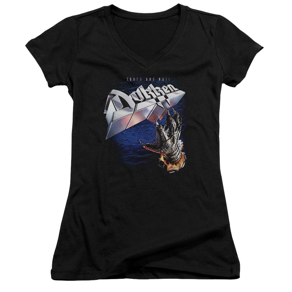 Dokken Tooth and Nail Junior Sheer Cap Sleeve V-Neck Womens T Shirt Black