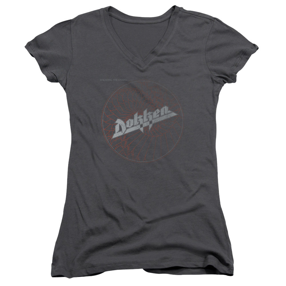 Dokken Breaking The Chains Junior Sheer Cap Sleeve V-Neck Womens T Shirt Charcoal