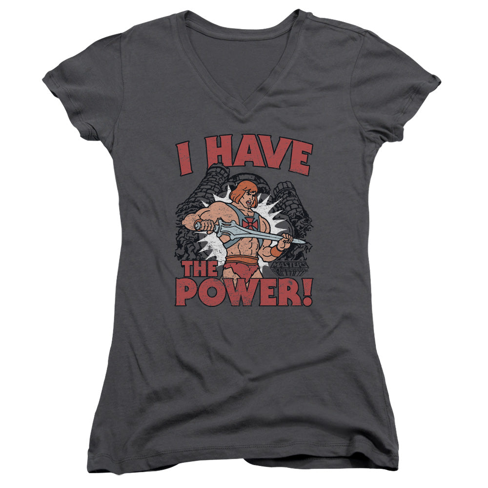 Masters of the Universe I Have the Power Junior Sheer Cap Sleeve V Neck Womens T Shirt Charcoal