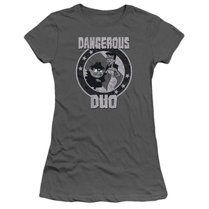 Rocky & Bullwinkle Dangerous Junior Sheer Cap Sleeve Womens T Shirt Charcoal