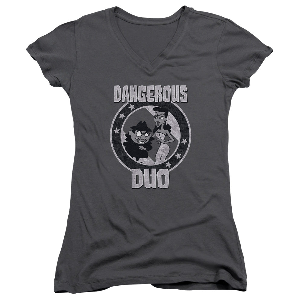 Rocky & Bullwinkle Dangerous Junior Sheer Cap Sleeve V Neck Womens T Shirt Charcoal