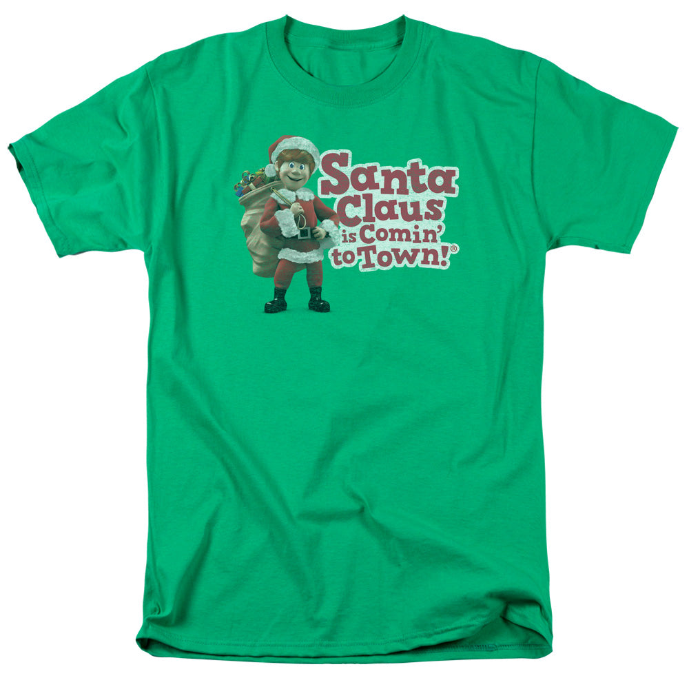 Santa Claus Is Comin to Town Santa Logo Mens T Shirt Kelly Green