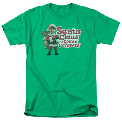 Santa Claus Is Comin to Town Santa Logo Mens T Shirt Kelly Green