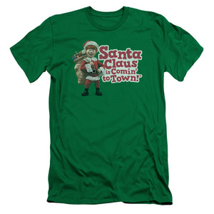 Santa Claus is Comin to Town Santa Logo Slim Fit Mens T Shirt Kelly Green