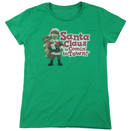 Santa Claus is Comin to Town Santa Logo Womens T Shirt Kelly Green