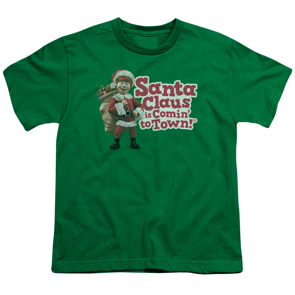 Santa Claus is Comin to Town Santa Logo Kids Youth T Shirt Kelly Green