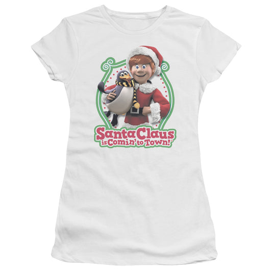 Santa Claus is Comin to Town Penguin Junior Sheer Cap Sleeve Womens T Shirt White