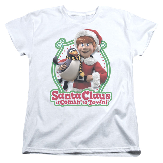 Santa Claus is Comin to Town Penguin Womens T Shirt White