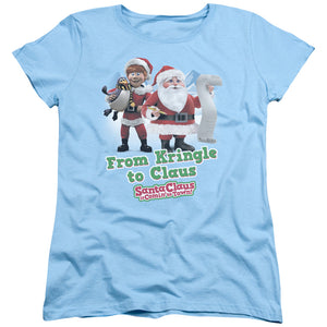 Santa Claus is Comin to Town Kringle to Claus Womens T Shirt Light Blue