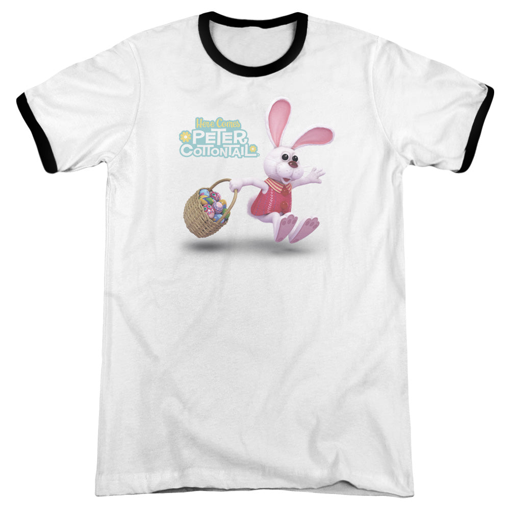 Here Comes Peter Cottontail Hop Around Heather Ringer Mens T Shirt White