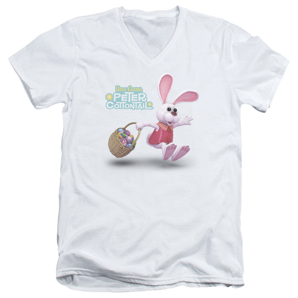 Here Comes Peter Cottontail Hop Around Mens Slim Fit V Neck T Shirt White