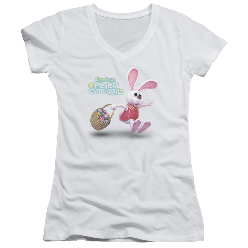 Here Comes Peter Cottontail Hop Around Junior Sheer Cap Sleeve V Neck Womens T Shirt White