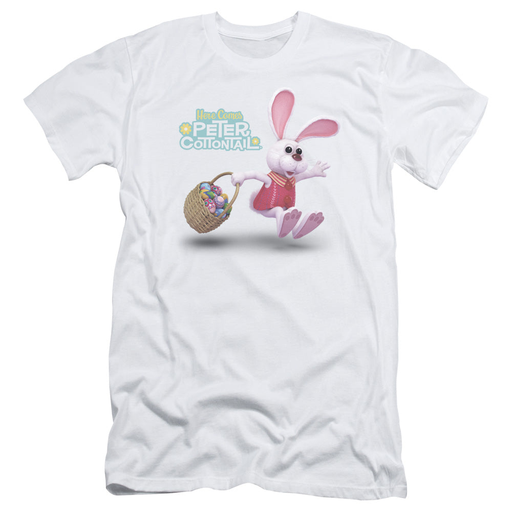 Here Comes Peter Cottontail Hop Around Slim Fit Mens T Shirt White