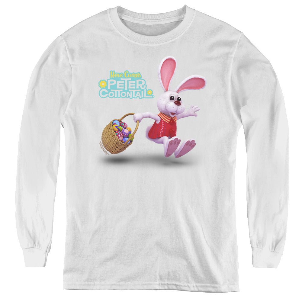 Here Comes Peter Cottontail Hop Around Long Sleeve Kids Youth T Shirt White