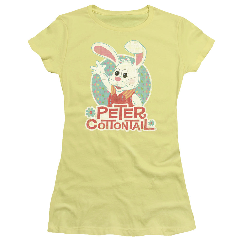 Here Comes Peter Cottontail Peter Wave Junior Sheer Cap Sleeve Womens T Shirt Yellow
