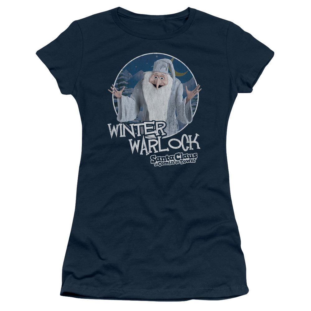 Santa Claus is Comin to Town Winter Warlock Junior Sheer Cap Sleeve Womens T Shirt Navy Blue Blue